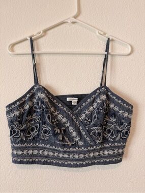 American Eagle Embroidered Denim Crop Top - Blue